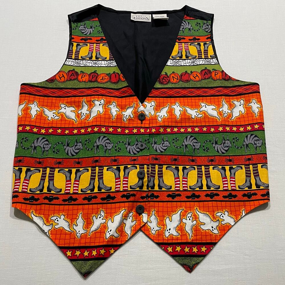 VTG 90s Basic Editions Halloween Vest size Medium Cat Ghost Pumpkin